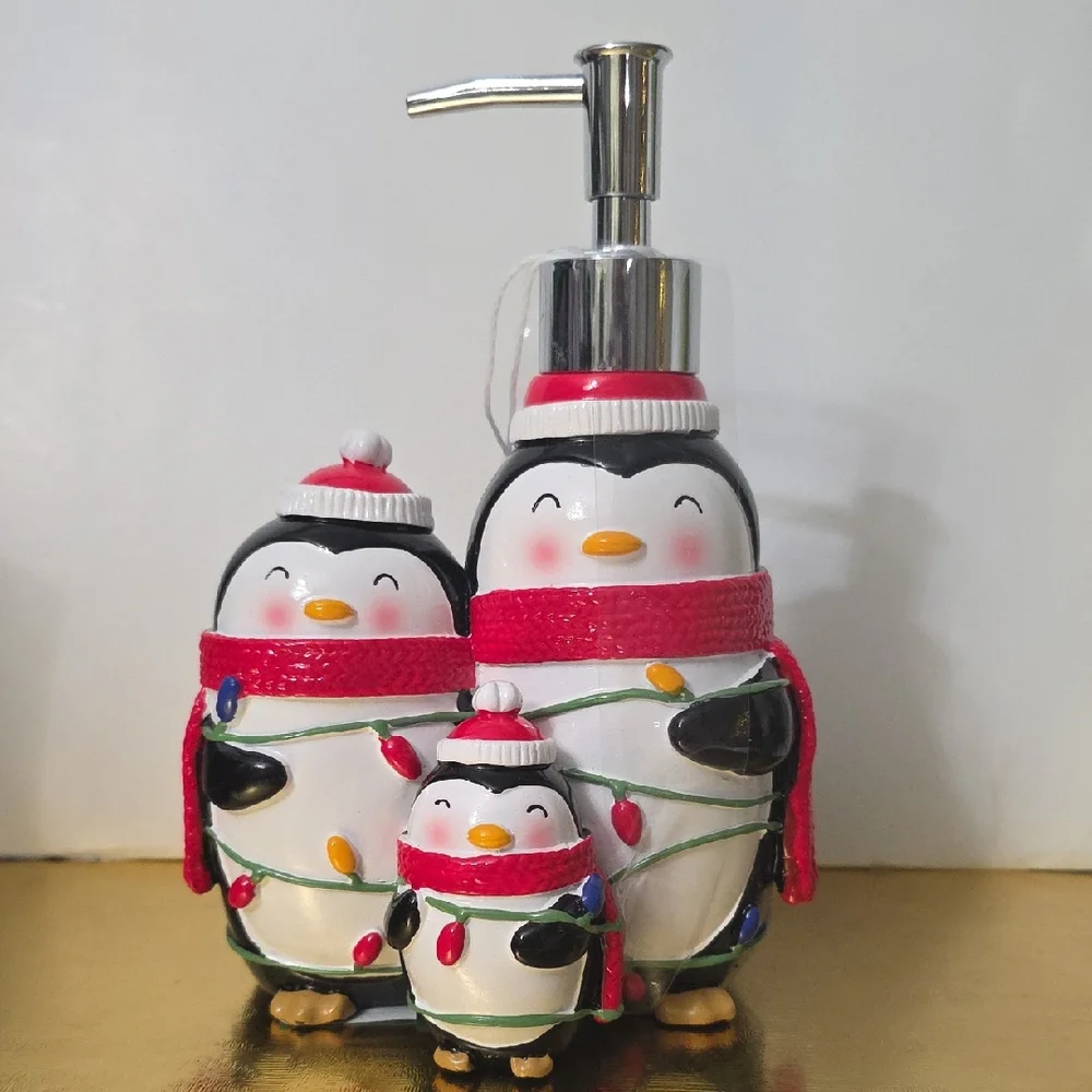 Penguin Soap Dispenser Set with Red Accents, NWT